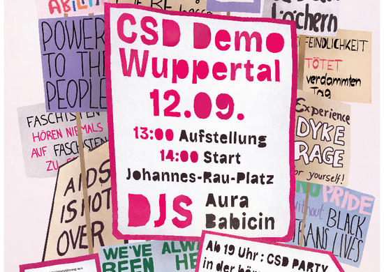 Plakat zur CSD-Demo 2026 in Wuppertal. Mehrere, stilisierte, bunte Schilder mit kämpferischen, queeren Aufschriften wie "Pride for all Abilities" und "Protect trans Youth". Ein Plakat zeigt Uhrzeit und Ort der Demo, ein weiteres Uhrzeit und Ort der Afterparty. Ein kleineres Plakat in der unteren linken Ecke beinhaltet die Kooperationen (z. B. Queeres Netzwerk, Stadt Wuppertal, Bayer, Knipex und mehr)