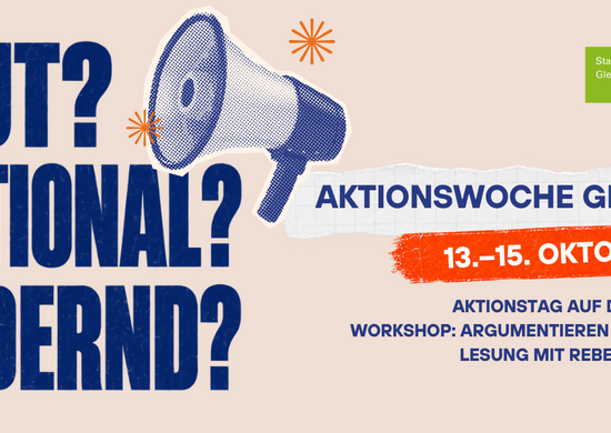 „Banner zur Aktionswoche gegen Sexismus vom 13. bis 15. Oktober 2026. Unter dem Motto ‚Zu laut? Zu emotional? Zu fordernd?‘ werden ein Aktionstag auf dem Campus, ein Workshop gegen Antifeminismus und eine Lesung mit Rebekka Endler angekündigt. Gestaltung mit Megafon und Logos der Stabsstelle Gleichstellung und Vielfalt und der Bergischen Universität Wuppertal.“